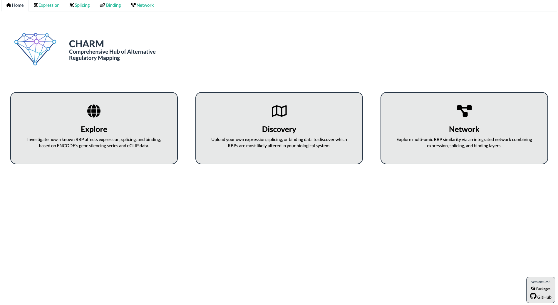 CHARM Home tab, showing the logo and the three navigation cards: Explore, Discovery, and Network